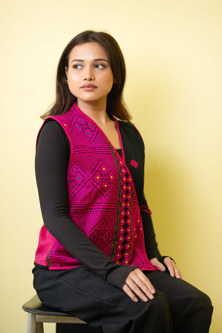 Black and Pink Angrakha style Half Jacket.